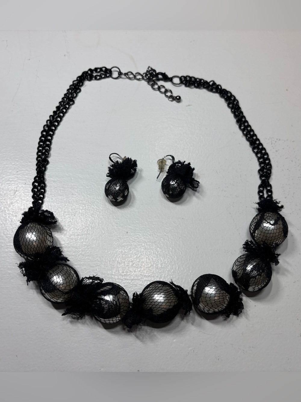 Black Lace Tulle Pearls Statement Necklace & Earring Set